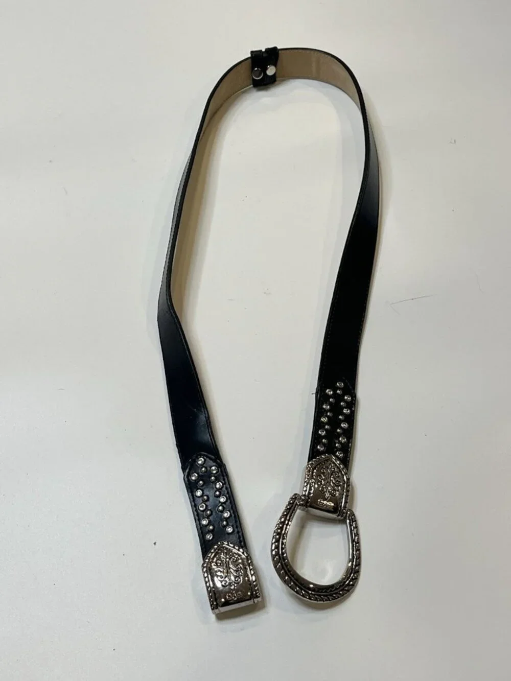 Genuine Leather Western Studded Belt Silver Horseshoe Buckle Black 40